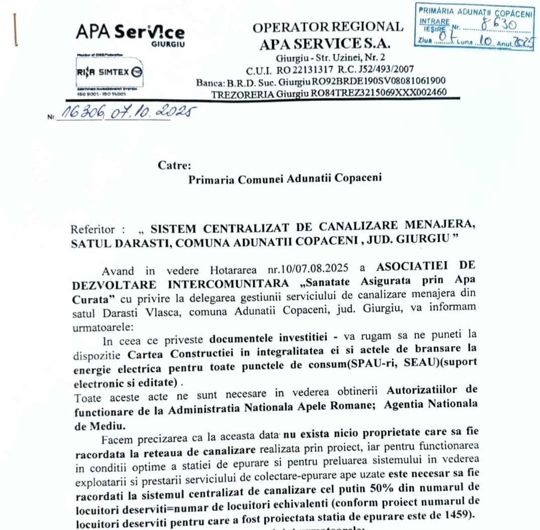 Locuitorii satului Dărăști Vlașca se pot racorda la sistemul de canalizare
