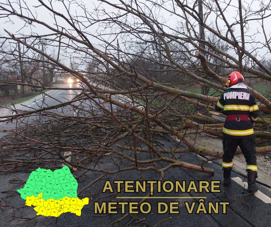 Județul Giurgiu se află sub incidența unei atenționări tip cod galben de intensificări ale vântului astăzi, până la ora 23:00