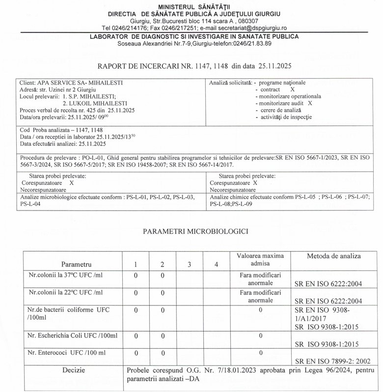 Apa furnizată în orașul Mihailesti respectă parametrii de potabilitate