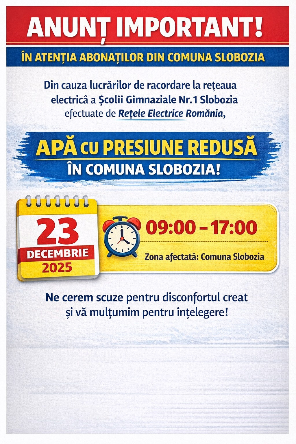 În atenția abonaților din comuna Slobozia