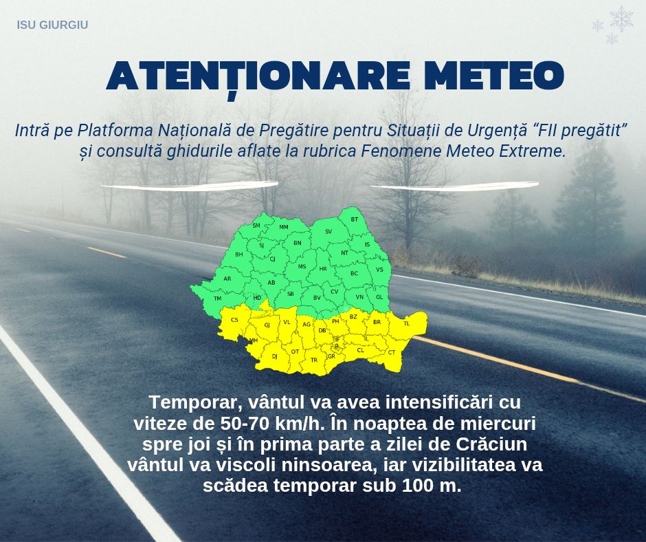 Meteorologii au emis o atenționare tip cod galben de intensificări ale vântului, ninsori viscolite și polei, valabilă în perioada 24 decembrie, ora 12:00 – 25 decembrie, ora 20:00