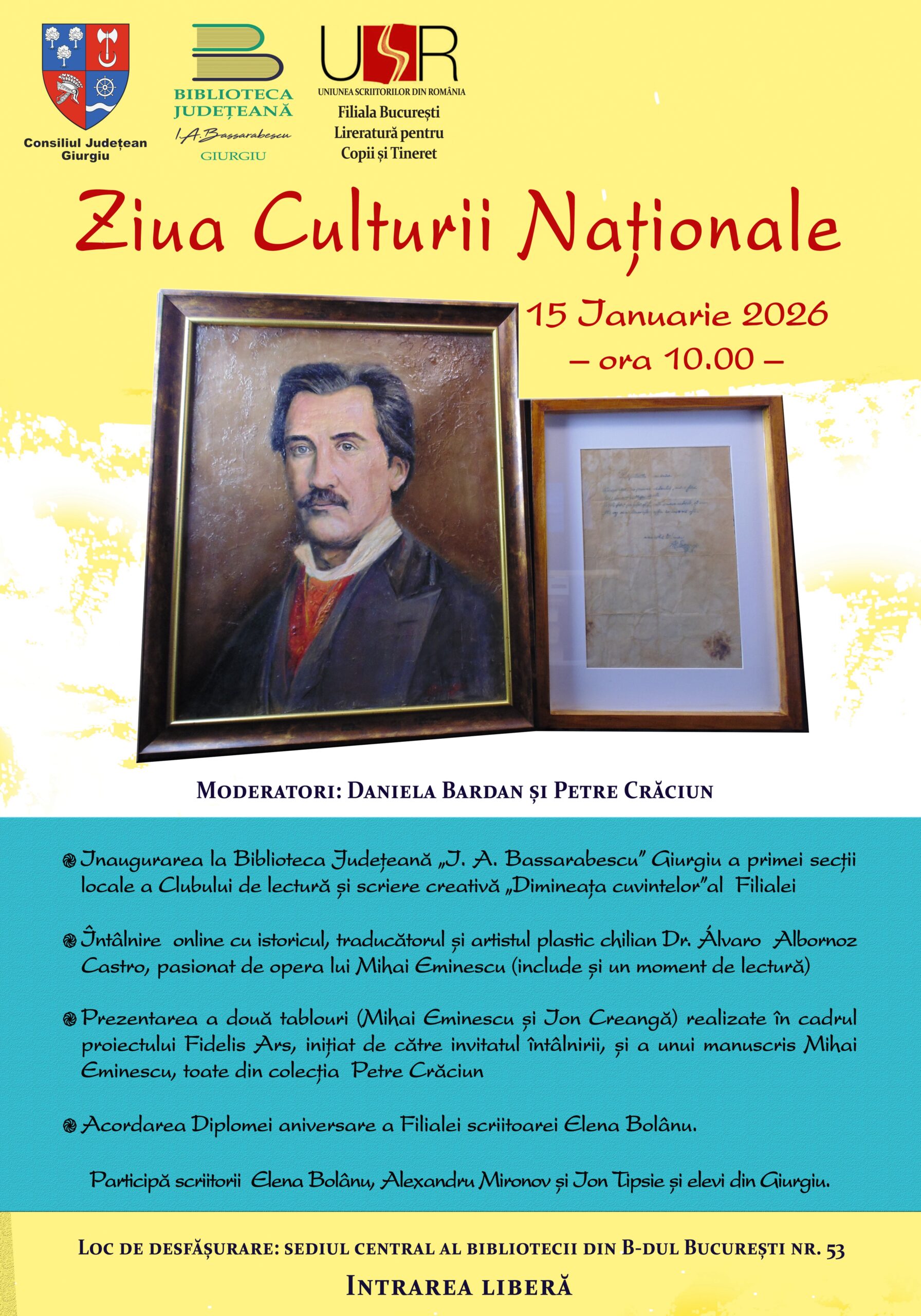 PROGRAMUL EVENIMENTELOR CULTURALE  ORGANIZATE CU PRILEJUL  ZILEI CULTURII NAȚIONALE – 15 IANUARIE 2026