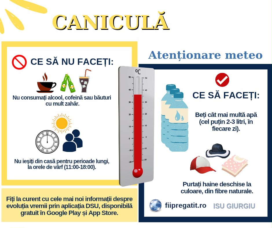 Administrația Națională de Meteorologie a emis o nouă atenționare tip cod galben de caniculă și disconfort termic ridicat, valabilă astăzi între orele 12:00-21:00