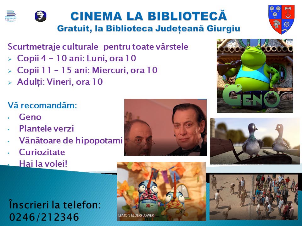 Biblioteca Județeană „I.A. Bassarabescu” Giurgiu îi invită pe toți iubitorii de film să descopere Cinema la Bibliotecă, un program gratuit dedicat copiilor, adolescenților și adulților